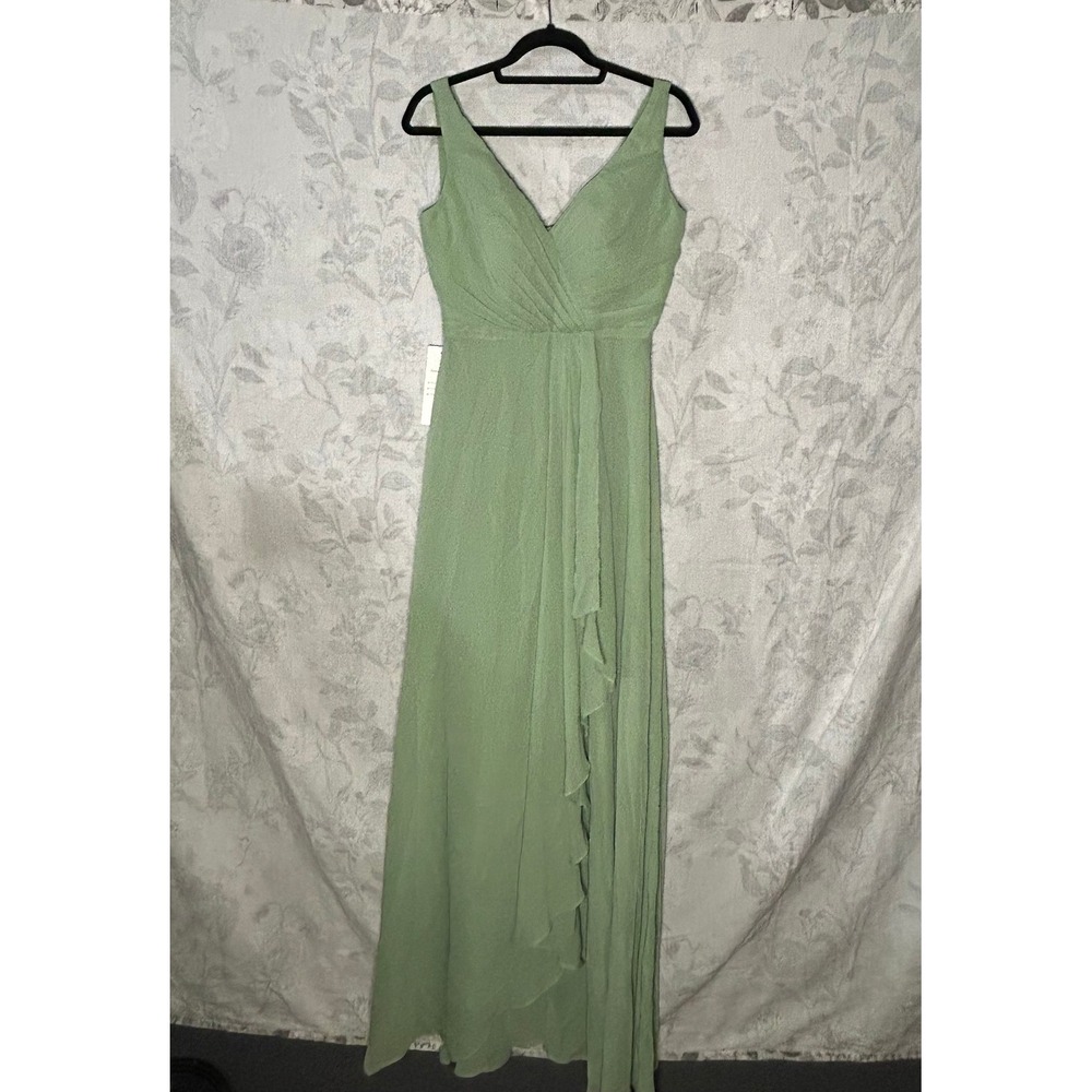 Sage Green Chiffon Maxi Dress Lace Up Back Ruched Bodice Bridesmaid Formal Gown